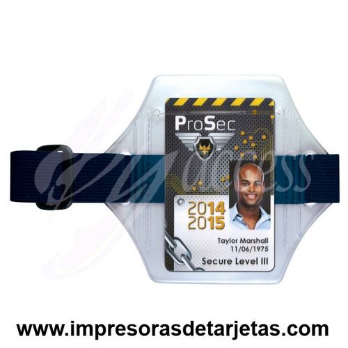 Porta tarjetas PVC con cinta elastica azul para brazo especial para aeropuertos