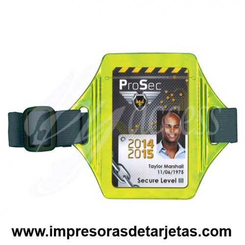 Porta tarjetas PVC con cinta elastica amarillo reflectante para brazo